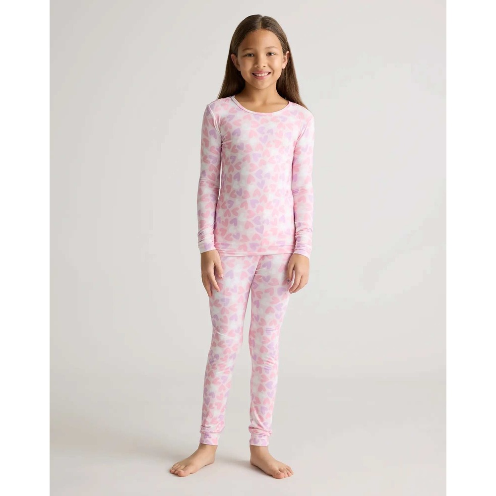 Quince Kids Pajama Set Size 12 Pink Purple Heart Print Long Sleeve‎ Snug Fit 2pc